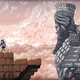 Pixel art of a woman looking at a large, ancient statue.